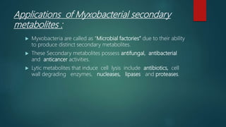 Applications of Myxobacterial secondary
metabolites :
 Myxobacteria are called as “Microbial factories” due to their ability
to produce distinct secondary metabolites.
 These Secondary metabolites possess antifungal, antibacterial
and anticancer activities.
 Lytic metabolites that induce cell lysis include antibiotics, cell
wall degrading enzymes, nucleases, lipases and proteases.
 