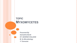 TOPIC
MYXOMYCETES
Presented By
Samadrita Banik
ST. GEORGE COLLEGE
M. Sc Microbiology
1st Semester
 