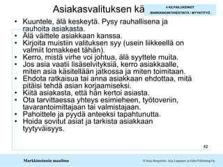 Asiakasvalituksen käsittely4 KILPAILUKEINOTMARKKINOINTIVIESTINTÄ / MYYNTITYÖKuuntele, älä keskeytä. Pysy rauhallisena ja rauhoita asiakasta.Älä väittele asiakkaan kanssa.Kirjoita muistiin valituksen syy (usein liikkeellä on valmiit lomakkeet tähän).Kerro, mistä virhe voi johtua, älä syyttele muita.Jos asia vaatii lisäselvityksiä, kerro asiakkaalle, miten asia käsitellään jatkossa ja miten toimitaan.Ehdota ratkaisua tai anna asiakkaan ehdottaa, mitä pitäisi tehdä asian korjaamiseksi.Kiitä asiakasta, että hän kertoi asiasta.Ota tarvittaessa yhteys esimieheen, työtoveriin, tavarantoimittajaan tai valmistajaan.Pahoittele ja pyydä anteeksi tapahtunutta.Hoida sovitut asiat ja tarkista asiakkaan tyytyväisyys.52Markkinoinnin maailma Seija Bergström, Arja Leppänen ja Edita Publishing Oy 