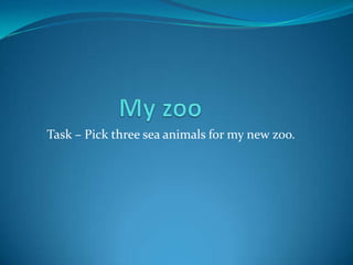 My zoo	 Task – Pick three sea animals for my new zoo. 