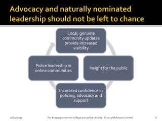 Local, genuine
community updates
provide increased
visibility
Insight for the public
Increased confidence in
policing, advocacy and
support
Police leadership in
online communities
26/04/2013 For #copapps event at college.pnn.police.uk only - © 2013 Multizone Limited 6
 