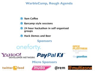 WarbleCamp, Rough Agenda



9am Coffee

Barcamp style sessions

24 hour hackathon in self organised
groups

Hack Demos and Beer

          Sponsors




      Micro Sponsors
                         @rem
 