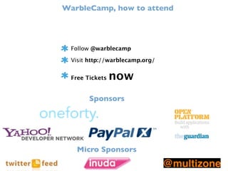 WarbleCamp, how to attend




  Follow @warblecamp

  Visit http://warblecamp.org/


  Free Tickets   now
        Sponsors




   Micro Sponsors
 