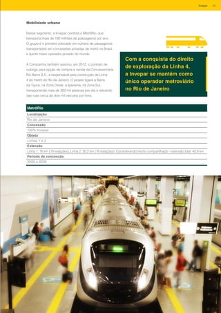 Nesse segmento, a Invepar controla o MetrôRio, que
transporta mais de 180 milhões de passageiros por ano.
O grupo é o primeiro colocado em número de passageiros
transportados em concessões privadas de metrô no Brasil
e quinto maior operador privado do mundo.
A Companhia também assinou, em 2012, o contrato de
outorga para opção de compra e venda da Concessionária
Rio Barra S.A., a responsável pela construção da Linha
4 do metrô do Rio de Janeiro. O projeto ligará a Barra
da Tijuca, na Zona Oeste, a Ipanema, na Zona Sul,
transportando mais de 300 mil pessoas por dia e retirando
das ruas cerca de dois mil veículos por hora.
Com a conquista do direito
de exploração da Linha 4,
a Invepar se mantém como
único operador metroviário
no Rio de Janeiro
MetrôRio
Localização
Rio de Janeiro
Concessão
100% Invepar
Objeto
Linhas 1 e 2
Extensão
Linha 1: 16 km (19 estações); Linha 2: 30,2 km (16 estações). Considerando trecho compartilhado - extensão total: 40,9 km
Período de concessão
2009 a 2038
Mobilidade urbana
13Invepar
 