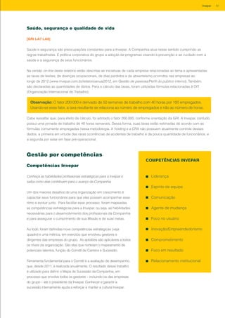 Saúde, segurança e qualidade de vida
[GRI LA7 LA8]
Saúde e segurança são preocupações constantes para a Invepar. A Companhia atua nesse sentido cumprindo as
regras trabalhistas. É política corporativa do grupo a adoção de programas visando à prevenção e ao cuidado com a
saúde e a segurança de seus funcionários.
Na versão on-line deste relatório estão descritas as iniciativas de cada empresa relacionadas ao tema e apresentadas
as taxas de lesões, de doenças ocupacionais, de dias perdidos e de absenteísmo ocorridos nas empresas ao
longo de 2012 (www.invepar.com.br/relatorioanual2012, em Gestão de pessoas/Perfil do público interno). Também
são declaradas as quantidades de óbitos. Para o cálculo das taxas, foram utilizadas fórmulas relacionadas à OIT
(Organização Internacional do Trabalho).
Cabe ressaltar que, para efeito de cálculo, foi adotado o fator 200.000, conforme orientação da GRI. A Invepar, contudo,
possui uma jornada de trabalho de 48 horas semanais. Dessa forma, suas taxas estão estimadas de acordo com as
fórmulas comumente empregadas nessa metodologia. A holding e a CRA não possuem atualmente controle desses
dados, a primeira em virtude das raras ocorrências de acidentes de trabalho e da pouca quantidade de funcionários, e
a segunda por estar em fase pré-operacional.
Observação: O fator 200.000 é derivado de 50 semanas de trabalho com 40 horas por 100 empregados.
Usando-se esse fator, a taxa resultante se relaciona ao número de empregados e não ao número de horas.
Gestão por competências
Competências Invepar
Conheça as habilidades profissionais estratégicas para a Invepar e
saiba como elas contribuem para o avanço da Companhia.
Um dos maiores desafios de uma organização em crescimento é
capacitar seus funcionários para que eles possam acompanhar esse
ritmo e evoluir junto. Para facilitar esse processo, foram mapeadas
as competências estratégicas para a Invepar, ou seja, as habilidades
necessárias para o desenvolvimento dos profissionais da Companhia
e para assegurar o cumprimento de sua Missão e de suas metas.
Ao todo, foram definidas nove competências estratégicas (veja
quadro) e uma métrica, em exercício que envolveu gestores e
dirigentes das empresas do grupo. As aptidões são aplicáveis a todos
os níveis da organização. São elas que norteiam o mapeamento de
potenciais talentos, função do Comitê de Carreira e Sucessão.
Ferramenta fundamental para o Comitê é a avaliação de desempenho,
que, desde 2011, é realizada anualmente. O resultado desse trabalho
é utilizado para definir o Mapa de Sucessão da Companhia, em
processo que envolve todos os gestores – incluindo os das empresas
do grupo – até o presidente da Invepar. Conhecer e garantir a
sucessão internamente ajuda a reforçar e manter a cultura Invepar.
Liderança
Espírito de equipe
Comunicação
Agente de mudança
Foco no usuário
Inovação/Empreendedorismo
Comprometimento
Foco em resultado
Relacionamento institucional
COMPETÊNCIAS INVEPAR
51Invepar
 