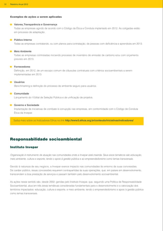 Exemplos de ações a serem aplicadas
Valores,Transparência e Governança
Todas as empresas agindo de acordo com o Código de Ética e Conduta implantado em 2012. As coligadas estão
em processo de adaptação.
Público Interno
Todas as empresas contratando, ou com planos para contratação, de pessoas com deficiência e aprendizes em 2013.
Meio Ambiente
Todas as empresas controladas iniciando processo de inventário de emissão de carbono e/ou com orçamento
previsto em 2013.
Fornecedores
Definição, em 2012, de um escopo comum de cláusulas contratuais com critérios socioambientais a serem
implementadas em 2013.
Usuários
Benchmarking e definição do processo de ambiente seguro para usuários.
Comunidade
Lançamento do I Edital de Seleção Pública e de unificação de projetos.
Governo e Sociedade
Implantação de iniciativas de combate à corrupção nas empresas, em conformidade com o Código de Conduta
Ética da Invepar.
Saiba mais sobre os Indicadores Ethos no link http://www3.ethos.org.br/conteudo/iniciativas/indicadores/
Responsabilidade socioambiental
Instituto Invepar
Organização é instrumento de atuação nas comunidades onde a Invepar está inserida. Seus eixos temáticos são educação,
meio ambiente, cultura e esporte, tendo o apoio à gestão pública e ao empreendedorismo como temas transversais.
Devido à natureza de seu negócio, a Invepar exerce impacto nas comunidades do entorno de suas concessões.
De caráter público, essas concessões requerem contrapartidas às suas operações, que, em países em desenvolvimento,
transcendem a boa prestação de serviços e passam também pelo desenvolvimento socioambiental.
As ações nesse sentido são, desde 2002, geridas pelo Instituto Invepar, que, seguindo uma Política de Responsabilidade
Socioambiental, atua em três áreas temáticas consideradas fundamentais para o desenvolvimento e a valorização dos
territórios impactados: educação, cultura e esporte, e meio ambiente, tendo o empreendedorismo e apoio à gestão pública
como temas transversais.
58 Relatório Anual 2012
 