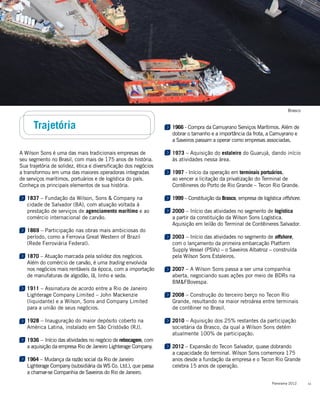 11Panorama 2012
Trajetória
A Wilson Sons é uma das mais tradicionais empresas de
seu segmento no Brasil, com mais de 175 anos de história.
Sua trajetória de solidez, ética e diversificação dos negócios
a transformou em uma das maiores operadoras integradas
de serviços marítimos, portuários e de logística do país.
Conheça os principais elementos de sua história.
1837 – Fundação da Wilson, Sons & Company na
cidade de Salvador (BA), com atuação voltada à
prestação de serviços de agenciamento marítimo e ao
comércio internacional de carvão.
1869 – Participação nas obras mais ambiciosas do
período, como a Ferrovia Great Western of Brazil
(Rede Ferroviária Federal).
1870 – Atuação marcada pela solidez dos negócios.
Além do comércio de carvão, é uma trading envolvida
nos negócios mais rentáveis da época, com a importação
de manufaturas de algodão, lã, linho e seda.
1911 – Assinatura de acordo entre a Rio de Janeiro
Lighterage Company Limited – John Mackenzie
(liquidante) e a Wilson, Sons and Company Limited
para a união de seus negócios.
1928 – Inauguração do maior depósito coberto na
América Latina, instalado em São Cristóvão (RJ).
1936 – Início das atividades no negócio de rebocagem, com
a aquisição da empresa Rio de Janeiro Lighterage Company.
1964 – Mudança da razão social da Rio de Janeiro
Lighterage Company (subsidiária da WS Co. Ltd.), que passa
a chamar-se Companhia de Saveiros do Rio de Janeiro.
1966 - Compra da Camuyrano Serviços Marítimos. Além de
dobrar o tamanho e a importância da frota, a Camuyrano e
a Saveiros passam a operar como empresas associadas.
1973 – Aquisição do estaleiro do Guarujá, dando início
às atividades nessa área.
1997 - Início da operação em terminais portuários,
ao vencer a licitação da privatização do Terminal de
Contêineres do Porto de Rio Grande – Tecon Rio Grande.
1999 – Constituição da Brasco, empresa de logística offshore.
2000 – Início das atividades no segmento de logística
a partir da constituição da Wilson Sons Logística.
Aquisição em leilão do Terminal de Contêineres Salvador.
2003 – Início das atividades no segmento de offshore,
com o lançamento da primeira embarcação Platform
Supply Vessel (PSVs) – o Saveiros Albatroz – construída
pela Wilson Sons Estaleiros.
2007 – A Wilson Sons passa a ser uma companhia
aberta, negociando suas ações por meio de BDRs na
BM&FBovespa.
2008 – Construção do terceiro berço no Tecon Rio
Grande, resultando na maior retroárea entre terminais
de contêiner no Brasil.
2010 – Aquisição dos 25% restantes da participação
societária da Brasco, da qual a Wilson Sons detém
atualmente 100% de participação.
2012 – Expansão do Tecon Salvador, quase dobrando
a capacidade do terminal. Wilson Sons comemora 175
anos desde a fundação da empresa e o Tecon Rio Grande
celebra 15 anos de operação.
Brasco
 