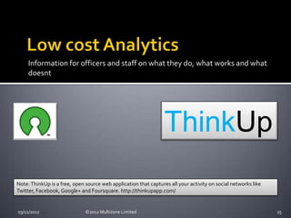 Information for officers and staff on what they do, what works and what
     doesnt




                                                                 ThinkUp
Note: ThinkUp is a free, open source web application that captures all your activity on social networks like
Twitter, Facebook, Google+ and Foursquare. http://thinkupapp.com/


03/12/2012                    ©2012 Multizone Limited                                                          25
 