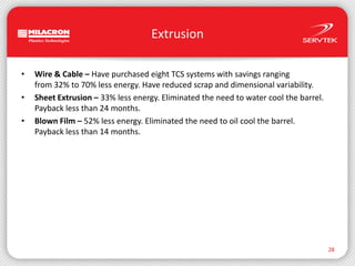 Extrusion28Wire & Cable – Have purchased eight TCS systems with savings ranging from 32% to 70% less energy. Have reduced scrap and dimensional variability.Sheet Extrusion – 33% less energy. Eliminated the need to water cool the barrel. Payback less than 24 months.Blown Film – 52% less energy. Eliminated the need to oil cool the barrel. Payback less than 14 months.
