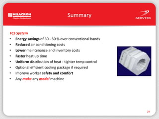 Summary29TCS SystemEnergy savings of 30 - 50 % over conventional bandsReducedair conditioning costsLowermaintenance and inventory costsFasterheat up timeUniformdistribution of heat - tighter temp controlOptional efficient cooling package if requiredImprove worker safety and comfortAny makeany modelmachine