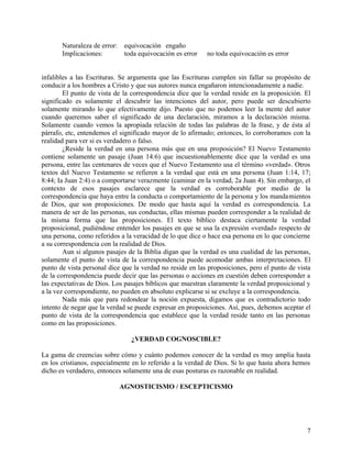 Naturaleza de error: equivocación engaño
Implicaciones: toda equivocación es error no toda equivocación es error
infalibles a las Escrituras. Se argumenta que las Escrituras cumplen sin fallar su propósito de
conducir a los hombres a Cristo y que sus autores nunca engañaron intencionadamente a nadie.
El punto de vista de la correspondencia dice que la verdad reside en la proposición. El
significado es solamente el descubrir las intenciones del autor, pero puede ser descubierto
solamente mirando lo que efectivamente dijo. Puesto que no podemos leer la mente del autor
cuando queremos saber el significado de una declaración, miramos a la declaración misma.
Solamente cuando vemos la apropiada relación de todas las palabras de la frase, y de ésta al
párrafo, etc, entendemos el significado mayor de lo afirmado; entonces, lo corroboramos con la
realidad para ver si es verdadero o falso.
¿Reside la verdad en una persona más que en una proposición? El Nuevo Testamento
contiene solamente un pasaje (Juan 14:6) que incuestionablemente dice que la verdad es una
persona, entre las centenares de veces que el Nuevo Testamento usa el término «verdad». Otros
textos del Nuevo Testamento se refieren a la verdad que está en una persona (Juan 1:14, 17;
8:44; Ia Juan 2:4) o a comportarse verazmente (caminar en la verdad, 2a Juan 4). Sin embargo, el
contexto de esos pasajes esclarece que la verdad es corroborable por medio de la
correspondencia que haya entre la conducta o comportamiento de la persona y los mandamientos
de Dios, que son proposiciones. De modo que hasta aquí la verdad es correspondencia. La
manera de ser de las personas, sus conductas, ellas mismas pueden corresponder a la realidad de
la misma forma que las proposiciones. El texto bíblico destaca ciertamente la verdad
proposicional, pudiéndose entender los pasajes en que se usa la expresión «verdad» respecto de
una persona, como referidos a la veracidad de lo que dice o hace esa persona en lo que concierne
a su correspondencia con la realidad de Dios.
Aun si algunos pasajes de la Biblia digan que la verdad es una cualidad de las personas,
solamente el punto de vista de la correspondencia puede acomodar ambas interpretaciones. El
punto de vista personal dice que la verdad no reside en las proposiciones, pero el punto de vista
de la correspondencia puede decir que las personas o acciones en cuestión deben corresponder a
las expectativas de Dios. Los pasajes bíblicos que muestran claramente la verdad proposicional y
a la vez correspondiente, no pueden en absoluto explicarse si se excluye a la correspondencia.
Nada más que para redondear la noción expuesta, digamos que es contradictorio todo
intento de negar que la verdad se puede expresar en proposiciones. Así, pues, debemos aceptar el
punto de vista de la correspondencia que establece que la verdad reside tanto en las personas
como en las proposiciones.
¿VERDAD COGNOSCIBLE?
La gama de creencias sobre cómo y cuánto podemos conocer de la verdad es muy amplia hasta
en los cristianos, especialmente en lo referido a la verdad de Dios. Si lo que hasta ahora hemos
dicho es verdadero, entonces solamente una de esas posturas es razonable en realidad.
AGNOSTICISMO / ESCEPTICISMO
7
 