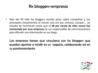 Rx bloggers-empresas Más del 50 %de los bloggers escribe posts sobre compañías y sus principales lanzamientos al menos una vez por semana, aunque…. un estudio de Technorati revela que el  48 por ciento de ellos nunca fue contactado por esas empresas  (o sus responsables de comunicaciones) para difundir una información en sus blogs.  Las empresas tienen que vincularse con los bloggers que puedan aportar e incidir en su  negocio, colaborando así en su posicionamiento 