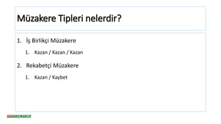 Müzakere Tipleri nelerdir?
1. İş Birlikçi Müzakere
1. Kazan / Kazan / Kazan
2. Rekabetçi Müzakere
1. Kazan / Kaybet
 