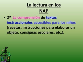 La lectura en los 
NAP 
• 2º La comprensión de textos 
instruccionales accesibles para los niños 
(recetas, instrucciones para elaborar un 
objeto, consignas escolares, etc.). 
 