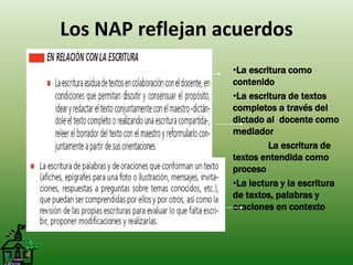Los NAP reflejan acuerdos 
•La escritura como 
contenido 
•La escritura de textos 
completos a través del 
dictado al docente como 
mediador 
La escritura de 
textos entendida como 
proceso 
•La lectura y la escritura 
de textos, palabras y 
oraciones en contexto 
 