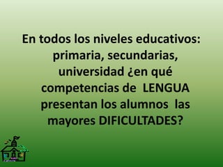 En todos los niveles educativos: 
primaria, secundarias, 
universidad ¿en qué 
competencias de LENGUA 
presentan los alumnos las 
mayores DIFICULTADES? 
 