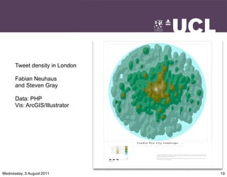 Tweet density in London

      Fabian Neuhaus
      and Steven Gray

      Data: PHP
      Vis: ArcGIS/Illustrator




Wednesday, 3 August 2011        10
 