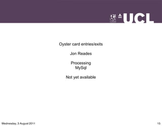 Oyster card entries/exits

                                 Jon Reades

                                 Processing
                                   MySql

                              Not yet available




Wednesday, 3 August 2011                               15
 
