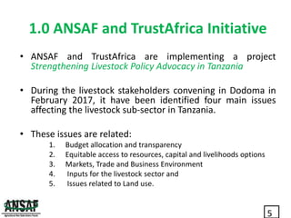Inclusive investment opportunities in Tanzania’s dairy value chains: Exploiting the Evidence: What next for Policy Advocacy?     Presented by Audax Rukonge (ANSAF) at the Maziwa Zaidi Policy Forum, Dar es Salaam, 23-24 May 2017