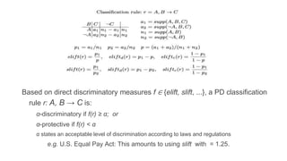 Based on direct discriminatory measures f ∈ {elift, slift, ...}, a PD classification
rule r: A, B → C is:
α-discriminatory if f(r) ≥ α; or
α-protective if f(r) < α
α states an acceptable level of discrimination according to laws and regulations
e.g. U.S. Equal Pay Act: This amounts to using slift with = 1.25.
 