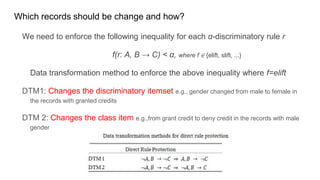 Which records should be change and how?
We need to enforce the following inequality for each α-discriminatory rule r
f(r: A, B → C) < α, where f ∈ {elift, slift, ...}
Data transformation method to enforce the above inequality where f=elift
DTM1: Changes the discriminatory itemset e.g., gender changed from male to female in
the records with granted credits
DTM 2: Changes the class item e.g.,from grant credit to deny credit in the records with male
gender
 