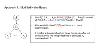 Approach 1: Modified Naive Bayes
S
C
A1 An
…
• Use P(C,S,A1,…,An) = P(S)P(C|S)P(A1|C)… P(An|C) instead
of P(C,S,A1,…,An) = P(C)P(S|C)P(A1|C)… P(An|C)
• Alterate distribution P(C|S) until there is no more
discrimination.
• It creates a discrimination free Naive Bayes classifier but
does not avoid red-lining effect due to attributes As
correlated with S.
 