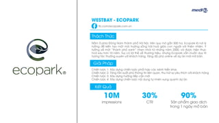 Nằm ở phía Đông Nam thành phố Hà Nội, trên quy mô gần 500 ha, Ecopark là nơi lý
tưởng để kiến tạo một môi trường sống hài hoà giữa con người với thiên nhiên. Ý
tưởng về một “thành phố xanh” nhen nhói từ những năm 2000, và được hiện thực
hoá sau hơn 10 năm. Tuy có lợi thế về thương hiệu, nhưng Ecopark vẫn muốn duy trì
tương tác thường xuyên với khách hàng, tăng độ phủ online về dự án mới mở bán.
Chiến lược 1: Xây dựng chiến lược phối hợp các kênh triển khai.
Chiến lược 2: Tăng tần suất phủ thông tin liên quan, thu hút sự yêu thích với khách hàng
Chiến lược 3: Xây dựng hướng tiếp cận mới
Chiến lược 4: Xây dựng chiến lược nội dung tự nhiên xung quanh dự án.
Thách Thức
Giải Pháp
Kết Quả
WESTBAY - ECOPARK
fb.com/ecopark.com.vn
30%
CTR
90%
Sản phẩm giao dịch
trong 1 ngày mở bán
10M
impressions
 