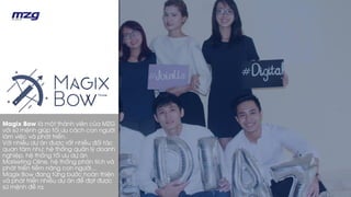Magix Bow là một thành viên của MZG
với sứ mệnh giúp tối ưu cách con người
làm việc và phát triển.
Với nhiều dự án được rất nhiều đối tác
quan tâm như: hệ thống quản lý doanh
nghiệp, hệ thống tối ưu dự án
Marketing Oline, hệ thống phân tích và
phát triển tiềm năng con người…
Magix Bow đang từng bước hoàn thiện
và phát triển nhiều dự án để đạt được
sứ mệnh đề ra.
 