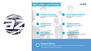 Facebook Marketing
Facebook Ads, Creative Content...
Zalo Marketing
Zalo Ads, Rate Card...
Web Design
Website, ERP, CRM, HRM...
Search Engine Marketing
AdWords, GDN, YouTube, SEO....
Creative Content
Video, Content Viral, Viral Clip...
Training In-House
Digital Marketing, Analytics, Strategy...
Giải pháp của MediaZ
Strategy & Planning
Digital Strategy, Advertising Strategy, Social Media Strategy, Search Strategy, Media Planning & Buying,
Content Strategy, Social Media Command Center...
 