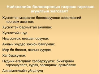 Нийслэлийн боловсролын газраас гаргасан
            агуулгын жагсаалт
Хүснэгтэн мэдээлэл боловсруулдаг хэрэглээний
  програм ашиглах
Хүснэгтэн баримттай ажиллах
Хүснэгтийн нүд
Нүд сонгох, өгөгдөл оруулах
Ажлын хуудас зохион байгуулах
Мөр ба багана, ажлын хуудас
Хэлбэржүүлэх
Нүдний өгөгдлийг хэлбэржүүлэх, бичвэрийн
 зэрэгцүүлэлт, хүрээ, засварлах, эрэмбэлэх
Арифметикийн үйлдлүүд
 