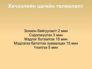 Хичээлийн цагийн төлөвлөлт



       Зохион байгуулалт 2 мин
         Сэдэлжүүлэх 3 мин
       Мэдлэг бүтээлгэх 15 мин
  Мэдлэгээ бататгах хуваалцах 15 мин
            Үнэлгээ 5 мин
 