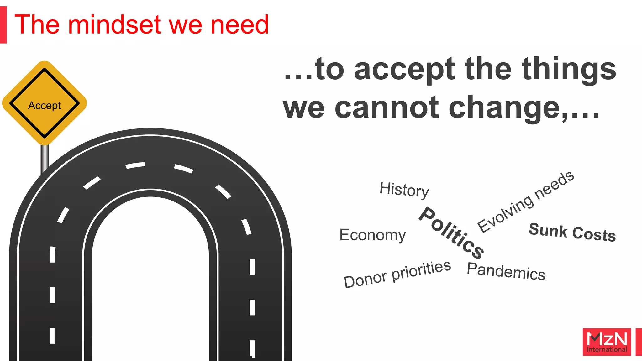 The mindset we need
Accept
…to accept the things
we cannot change,…
Politics
Donor priorities
Economy Evolving needs
Pandemics
History
Sunk Costs
 