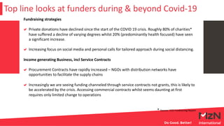 Top line looks at funders during & beyond Covid-19
Fundraising strategies
Private donations have declined since the start of the COVID 19 crisis. Roughly 80% of charities*
have suffered a decline of varying degrees whilst 20% (predominantly health focused) have seen
a significant increase.
Increasing focus on social media and personal calls for tailored approach during social distancing.
Income generating Business, incl Service Contracts
Procurement Contracts have rapidly increased – NGOs with distribution networks have
opportunities to facilitate the supply chains
Increasingly we are seeing funding channeled through service contracts not grants, this is likely to
be accelerated by the crisis. Accessing commercial contracts whilst seems daunting at first
requires only limited change to operations
* Source: CCS Fundraising Report
 