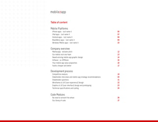 Table of content

Mobile Platforms
 iPhone apps - Just name it                                       06
 iPad apps - Just name it                                         07
 Android apps - Just name it                                      08
 BlackBerry apps - Just name it                                   09
 Windows Mobile apps - Just name it                               10


Company overview
 Mobilezapp - elevator pitch                                      12
 Our mobile rock star team                                        13
 Award winning mobile app graphic design                          14
 InHouse - vs. OffShore                                           15
 Your mobile app value proposition                                16
 Faster, cheaper and better                                       17

Development process
 Competitive analysis                                             19
 Stakeholder interviews and mobile app strategy recommendations   20
 Stakeholder questions                                            21
 Wireframes & UX (user experience) design                         22
 Graphics & UI (user interface) design and prototyping            23
 Technical specifications and coding                              24


Code Modules
 No need to reinvent the wheel                                    26
 Our library of code                                              27
 