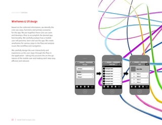 development process



Wireframes & UX design
Based on the collected information, we identify the
core use cases, functions and primary scenarios
for the app. We put together these core use cases
and develop a flow to accomplish the desired app
functionality. We carefully analyze how a mobile
user will perceive, learn and use the app. We create
wireframes for various steps in the flow and analyze
issues like workflow and navigation.

We carefully design the user interactivity and
experience as the user steps through this flow in
the application - taking into account the on-the-go
nature of the mobile user and making each step easy,
efficient and relevant.




22 | www.mobilezapp.com
 