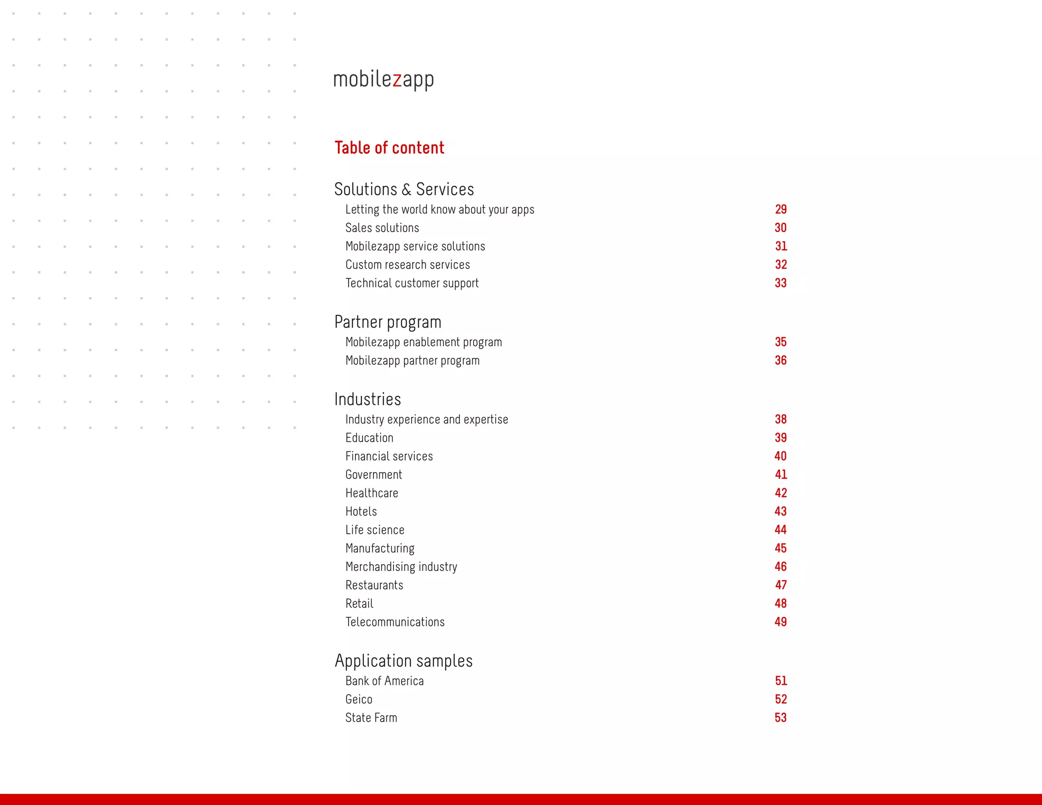 Table of content

Solutions & Services
 Letting the world know about your apps   29
 Sales solutions                          30
 Mobilezapp service solutions             31
 Custom research services                 32
 Technical customer support               33


Partner program
 Mobilezapp enablement program            35
 Mobilezapp partner program               36


Industries
 Industry experience and expertise        38
 Education                                39
 Financial services                       40
 Government                               41
 Healthcare                               42
 Hotels                                   43
 Life science                             44
 Manufacturing                            45
 Merchandising industry                   46
 Restaurants                              47
 Retail                                   48
 Telecommunications                       49


Application samples
 Bank of America                          51
 Geico                                    52
 State Farm                               53
 