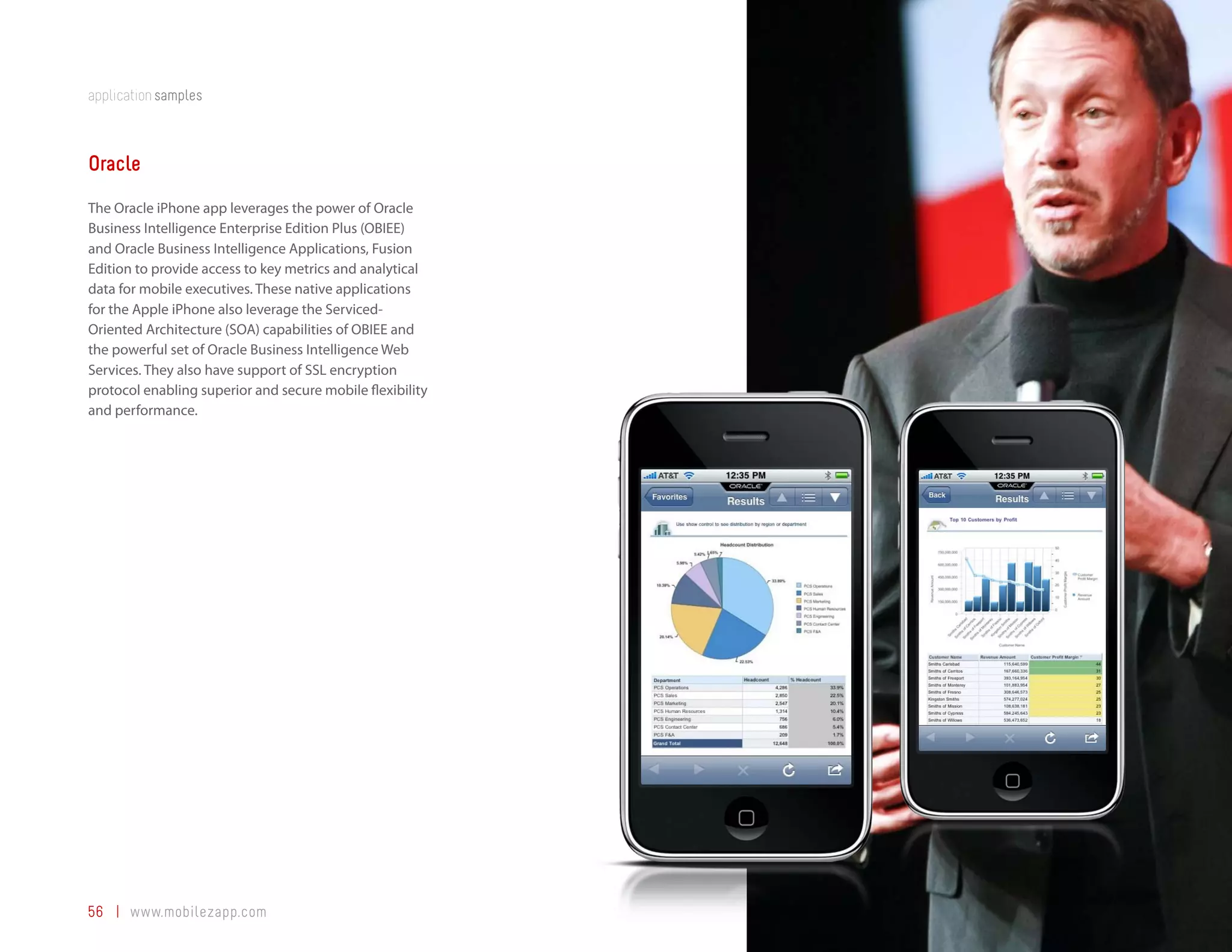 application samples



Oracle
The Oracle iPhone app leverages the power of Oracle
Business Intelligence Enterprise Edition Plus (OBIEE)
and Oracle Business Intelligence Applications, Fusion
Edition to provide access to key metrics and analytical
data for mobile executives. These native applications
for the Apple iPhone also leverage the Serviced-
Oriented Architecture (SOA) capabilities of OBIEE and
the powerful set of Oracle Business Intelligence Web
Services. They also have support of SSL encryption
protocol enabling superior and secure mobile flexibility
and performance.




56 | www.mobilezapp.com
 