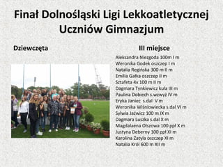 Finał Dolnośląski Ligi Lekkoatletycznej
Uczniów Gimnazjum
Dziewczęta III miejsce
Aleksandra Niezgoda 100m I m
Weronika Godek oszczep I m
Natalia Regińska 300 m II m
Emilia Gałka oszczep II m
Sztafeta 4x 100 m II m
Dagmara Tynkiewicz kula III m
Paulina Dobiech s.wzwyż IV m
Eryka Janiec s.dal V m
Weronika Wiśniowiecka s.dal VI m
Sylwia Jaźwicz 100 m IX m
Dagmara Luszka s.dal X m
Magdalaena Olszowa 100 ppł X m
Justyna Deberny 100 ppł XI m
Karolina Zatyla oszczep XI m
Natalia Król 600 m XII m
 