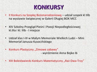 • II Konkurs na Szopkę Bożonarodzeniową – udział szopek kl IIIb
na wystawie świątecznej w Galerii Długiej BOK MCC
• XIV Szkolny Przegląd Pieśni i Poezji Niepodległościowej
kl.IIIa i kl. IIIb - I miejsce
• Udział klas I-III w Małym Memoriale Wielkich Ludzi – Mini
Memoriał Janusza Kusocińskiego
• Konkurs Plastyczny „Zimowe zabawy”
- wyróżnienie Anna Bojko Ib
• XIII Bolesławiecki Konkurs Matematyczny „Raz-Dwa-Trzy”
KONKURSYKONKURSY
 