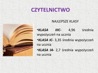 CZYTELNICTWO
NAJLEPSZE KLASY
•KLASA IIIC- 4,96 średnia
wypożyczeń na ucznia
•KLASA IC- 3,35 średnia wypożyczeń
na ucznia
•KLASA IA- 2,7 średnia wypożyczeń
na ucznia
 