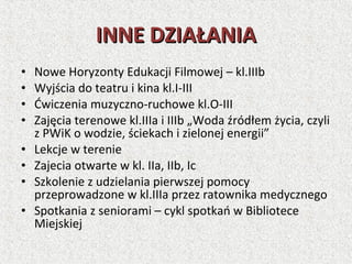 • Nowe Horyzonty Edukacji Filmowej – kl.IIIb
• Wyjścia do teatru i kina kl.I-III
• Ćwiczenia muzyczno-ruchowe kl.O-III
• Zajęcia terenowe kl.IIIa i IIIb „Woda źródłem życia, czyli
z PWiK o wodzie, ściekach i zielonej energii”
• Lekcje w terenie
• Zajecia otwarte w kl. IIa, IIb, Ic
• Szkolenie z udzielania pierwszej pomocy
przeprowadzone w kl.IIIa przez ratownika medycznego
• Spotkania z seniorami – cykl spotkań w Bibliotece
Miejskiej
INNE DZIAŁANIAINNE DZIAŁANIA
 