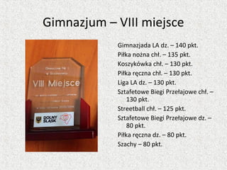 Gimnazjum – VIII miejsce
Gimnazjada LA dz. – 140 pkt.
Piłka nożna chł. – 135 pkt.
Koszykówka chł. – 130 pkt.
Piłka ręczna chł. – 130 pkt.
Liga LA dz. – 130 pkt.
Sztafetowe Biegi Przełajowe chł. –
130 pkt.
Streetball chł. – 125 pkt.
Sztafetowe Biegi Przełajowe dz. –
80 pkt.
Piłka ręczna dz. – 80 pkt.
Szachy – 80 pkt.
 