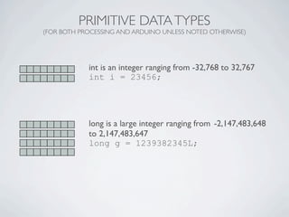 PRIMITIVE DATA TYPES
(FOR BOTH PROCESSING AND ARDUINO UNLESS NOTED OTHERWISE)



                ﬂoat is a number with a d...