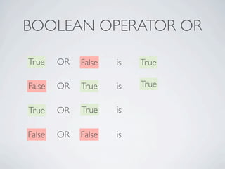 BOOLEAN OPERATOR OR

True    OR   False   is   True

False   OR   True    is   True

True    OR   True    is   True

False...