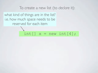 To create a new list (to declare it):
 what kind of things are in the list?
 i.e. how much space needs to be
       reserv...