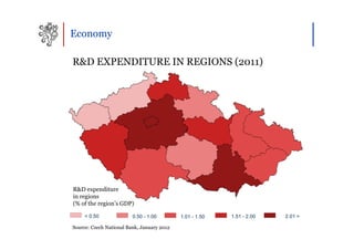 Economy

R&D EXPENDITURE IN REGIONS (2011)




R&D expenditure
in regions
(% of the region’s GDP)

     < 0.50              0.50 - 1.00        1.01 - 1.50   1.51 - 2.00   2.01 >

Source: Czech National Bank, January 2012
 