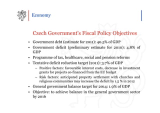 Economy



  Czech Government's Fiscal Policy Objectives
• Government debt (estimate for 2011): 40.5% of GDP
• Government deficit (preliminary estimate for 2010): 4.8% of
  GDP
• Programme of tax, healthcare, social and pension reforms
• Tentative deficit reduction target (2011): 3.7% of GDP
   – Positive factors: favourable interest costs, decrease in investment
     grants for projects co-financed from the EU budget
   – Risk factors: anticipated property settlement with churches and
     religious communities may increase the deficit by 1.5 % in 2012
• General government balance target for 2014: 1.9% of GDP
• Objective: to achieve balance in the general government sector
  by 2016
 