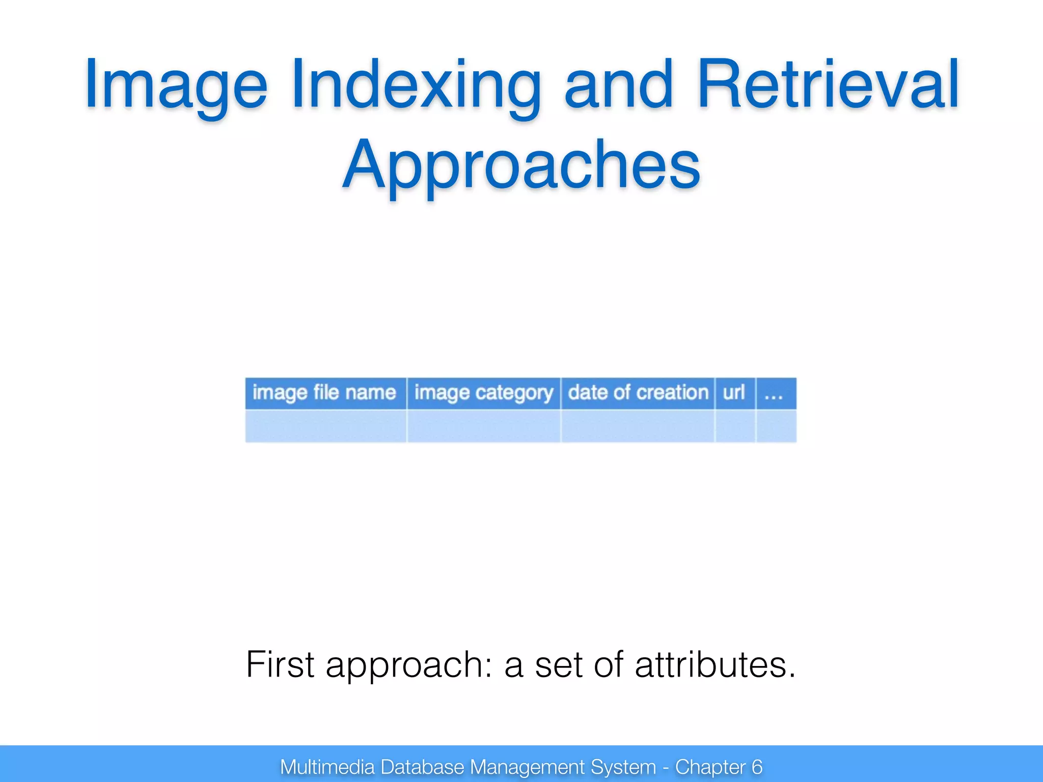 Image Indexing and Retrieval 
Approaches 
First approach: a set of attributes. 
Multimedia Database Management System - Chapter 6 
 