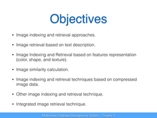 Objectives 
• Image indexing and retrieval approaches. 
• Image retrieval based on text description. 
• Image Indexing and Retrieval based on features representation 
(color, shape, and texture). 
• Image similarity calculation. 
• Image indexing and retrieval techniques based on compressed 
image data. 
• Other image indexing and retrieval technique. 
• Integrated image retrieval technique. 
Multimedia Database Management System - Chapter 6 
 