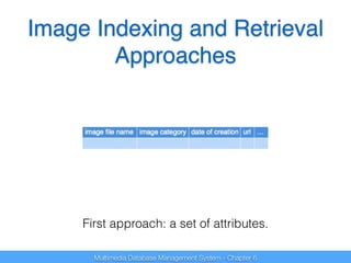 Image Indexing and Retrieval 
Approaches 
First approach: a set of attributes. 
Multimedia Database Management System - Chapter 6 
 